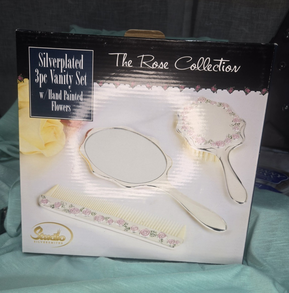 Studio Silversmiths The Rose Collection 3pc Vanity Set Mirror Brush Comb Floral